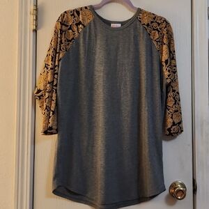 LuLaRoe Gray and Gold Raglan Top